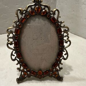 Vintage Ornate Jeweled Brass Picture Frame Oval Footed Hollywood Regency